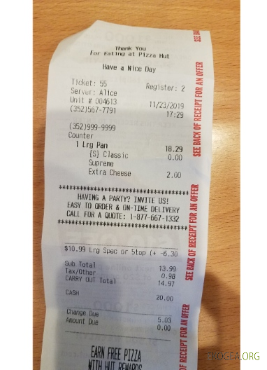 Reçu de paiement du restaurant Pizza Hut